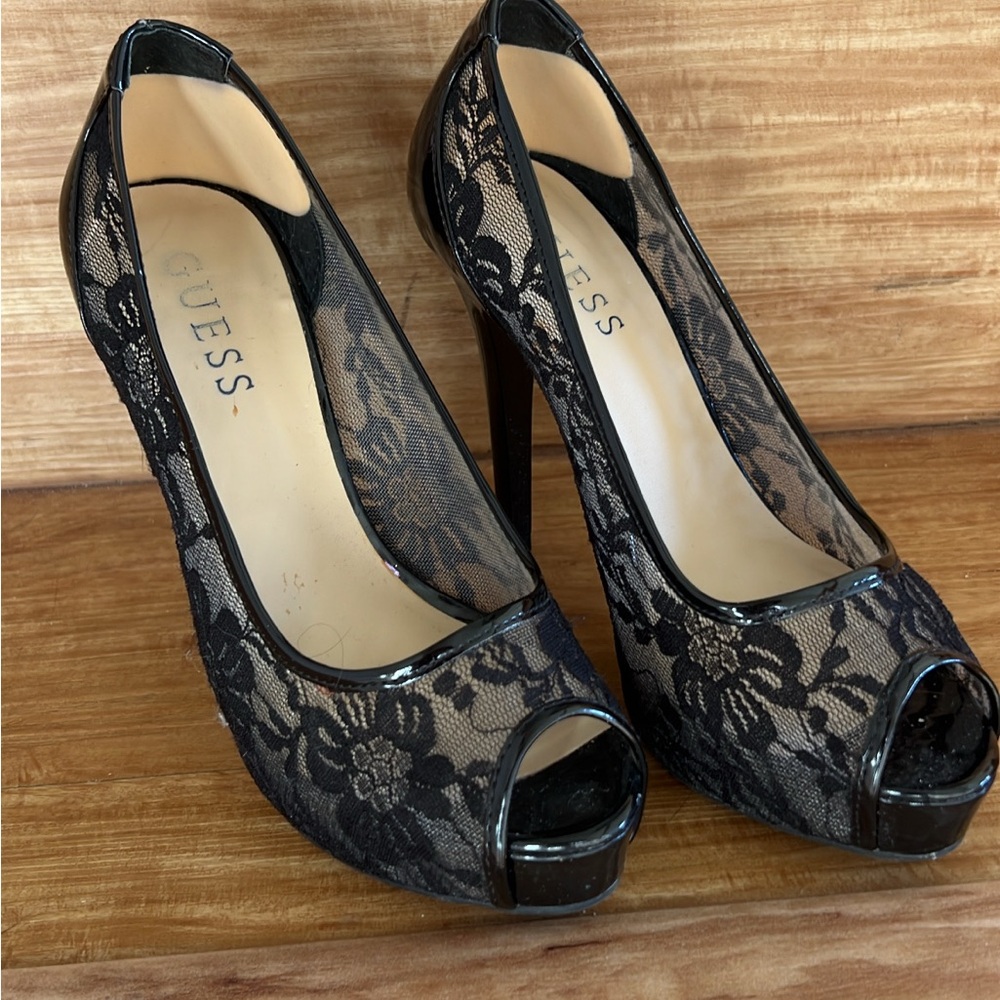 Guess Black Floral Lace Heels